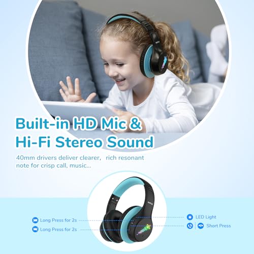 EarFun K4 Kids Bluetooth Headphones, Wireless Headphones with LED Lights | 74/85/94dBA Volume Limited, Built-in Mic, 90H Playtime, Bluetooth 5.4 Over Ear Headphone for iPad/Tablet/School, Dark Black - color: Dark Black