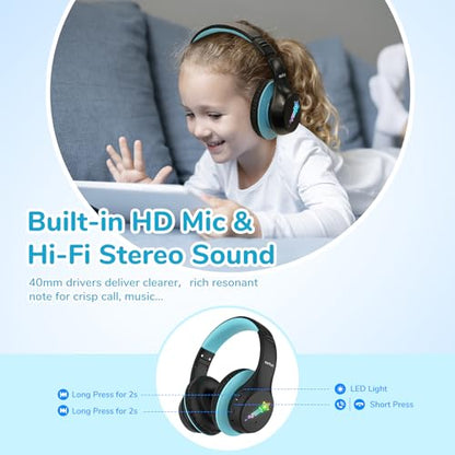 EarFun K4 Kids Bluetooth Headphones, Wireless Headphones with LED Lights | 74/85/94dBA Volume Limited, Built-in Mic, 90H Playtime, Bluetooth 5.4 Over Ear Headphone for iPad/Tablet/School, Dark Black - color: Dark Black