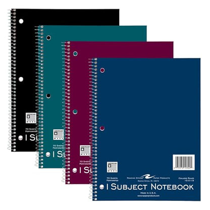 ROARING SPRING College Ruled 1 Subject Notebook, Wirebound Writing Notebook, 4 Pack, 70 Sheets, 8 x 10.5 Inches, Made in USA, Ideal for Students, School, & Office - size: 1 Subject