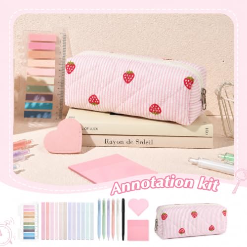 22Pcs Book Annotation Kit Aesthetic Pencil Case with Supplies School Annotation Supplies Gel Pen Transparent Sticky Note Taking Bible Study College Stationery Supplie (Pink Strawberry) - color: Pink Strawberry