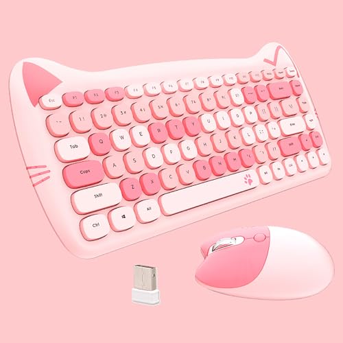 Cute Cat 2.4G USB Wireless Keyboard and Mouse Combo, Silent Keys, Candy Colors, Compatible with Notebook, PC (Pink-84Keys) - color: Pink-84Keys