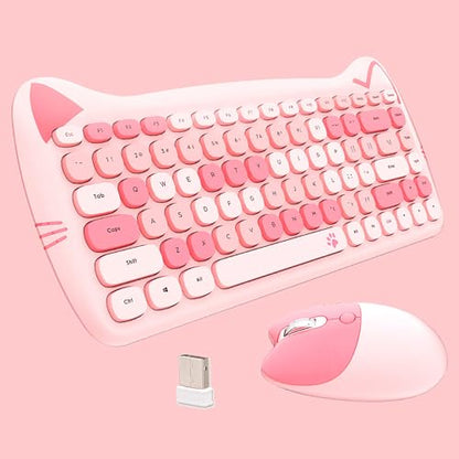 Cute Cat 2.4G USB Wireless Keyboard and Mouse Combo, Silent Keys, Candy Colors, Compatible with Notebook, PC (Pink-84Keys) - color: Pink-84Keys