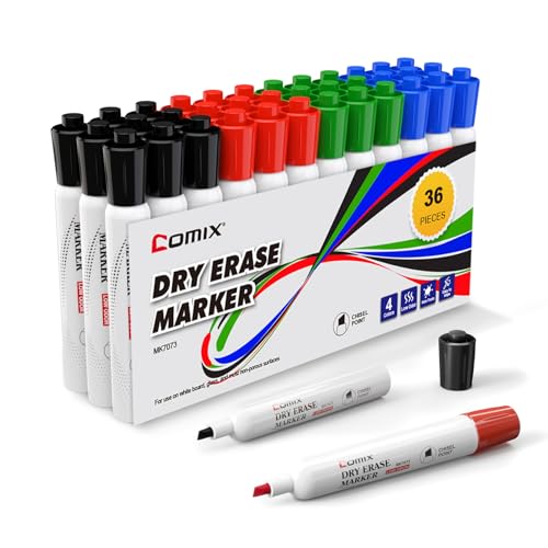 Comix Low Odor Dry Erase Markers, Chisel Tip White Board Markers, 36 Bulk 4 Colors Thick Markers for Classroom, Teachers, Office, School Supplies - color: 36 Count 4 Colors