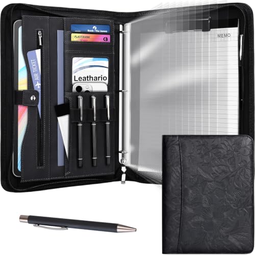 Leathario Portfolio Binder, Padfolio Organizer, 3 Ring Binder with Zipper | Includes Pen and 10 Sheet Protectors, Fits 13 in Tablet, Vegan Leather, for Business Resume Office Professional Men and Women - color: Black-fd
