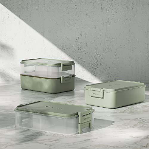 linoroso Stackable 2-Tier Adult Bento Box, 4 Compartments - Pale Mint | leakproof bento lunch box with fork & spoon + sauce cups, microwave/dishwasher safe, perfect for office, school & daily meals - color: Pale Mint