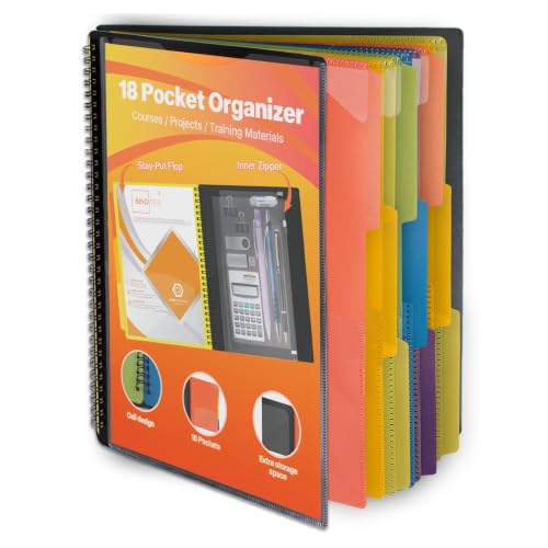 1 Pack 18 Pocket Poly Project Organizer with 9 Dividers, Heavyduty Folder with Customizable Front Cover, Metal Wire Binding Spine, Extra Zipper Pouch, Letter Size, School Office Supplies - color: 18 Pockets, style: 1 Pack