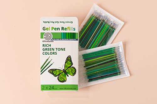 OfficeGoods Gel Pen Refills - 24 Individual Colors - Fits Most Gel Pens - Fast Drying Ink - Perfect for Artists, Adult & Kids Coloring Books, Mandalas, Nature - 2 Pack - Greens - color: Green Only