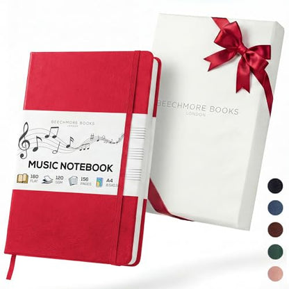 Beechmore Books Blank Sheet Music Notebook – A4 8.5"x11.5" for Songwriters, Musicians & Composers, 156 Thick 120gsm Pages, 10-Staff Perforated Sheets, Vegan Leather Hardcover, Elastic Closure, Gift Box - color: Scarlet Red