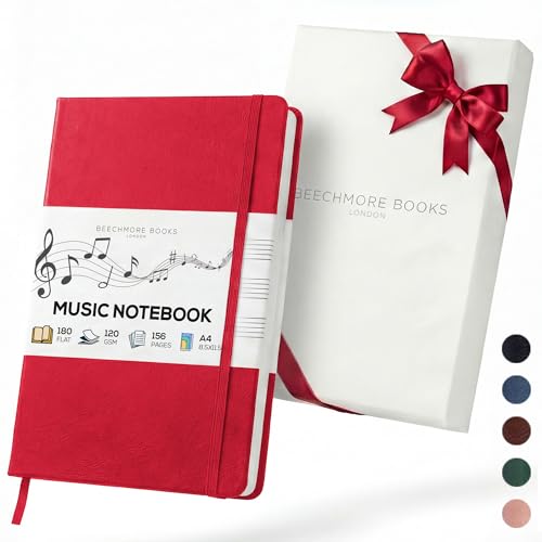 Beechmore Books Blank Sheet Music Notebook – A4 8.5"x11.5" for Songwriters, Musicians & Composers, 156 Thick 120gsm Pages, 10-Staff Perforated Sheets, Vegan Leather Hardcover, Elastic Closure, Gift Box - color: Scarlet Red