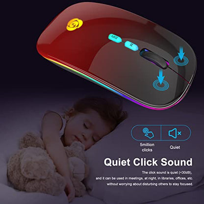 CC Store LED Wireless Mouse, Bluetooth Mouse &2.4GHz Instant Connection,Rechargeable Ultra Silent Slim,3 DPI 2 Connection Modes with USB-C to USB Adapter for Laptop/MacBook/PC/Tablet/iPad (Black-red) | Bluetooth mouse with 2.4GHz USB receiver, silent slim