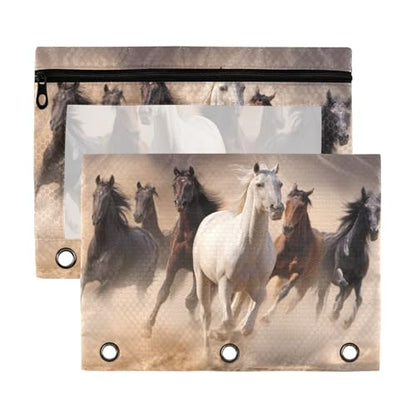 Kcldeci 3 Ring Pencil Pouch, Horse Anmail Wildlife 2 Packs Bulk Zipper Pencil Case Pencil Pouches with Clear Window for Storing School Office Supplies - color: A02