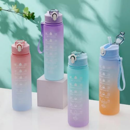 Motivational Water Bottle with Time Markers, 25oz, Gradient Blue-Orange, Leak-Proof Lid with Strap