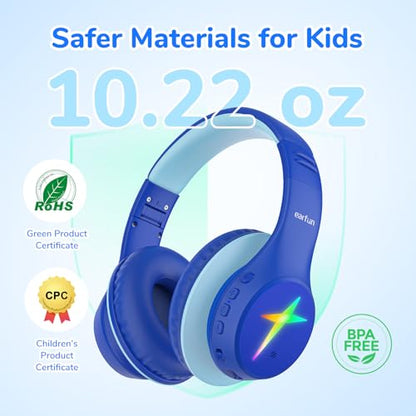 EarFun K4 Kids Bluetooth Headphones, Wireless Headphones with LED Lights | 74/85/94dBA Volume Limited, Built-in Mic, 90H Playtime, Stereo Sound Bluetooth 5.4 Over Ear Headphone for iPad/Tablet/School - color: Blue