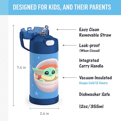 THERMOS FUNTAINER Water Bottle with Straw - 12 Ounce - Kids Stainless Steel Vacuum Insulated Water Bottle with Lid, Mandalorian The Child - color: Mandalorian The Child