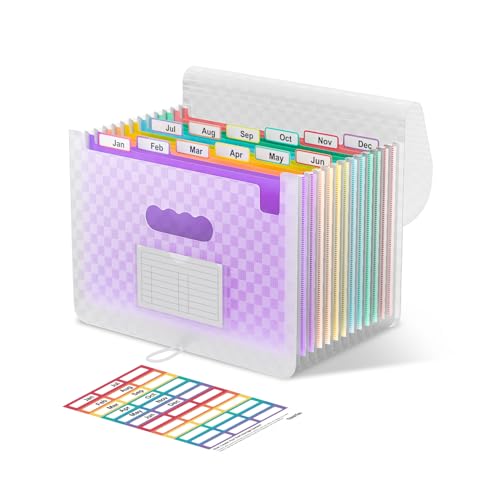 ThinkTex Accordion File Organizer, 12 - Pocket Expanding File Folders | for Paper Receipts, Bills & Taxes Organizer, Letter/A4 Size Document Holder for School, Office, Home with tabs-Purple - color: Purple