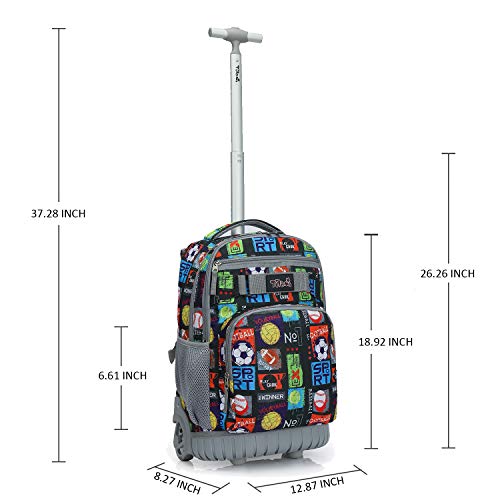Tilami Rolling Backpack 18 inch Wheeled Laptop Backpack School College Student Travel Trip Boys and Girls, Sport Balls - color: Sport Balls Black