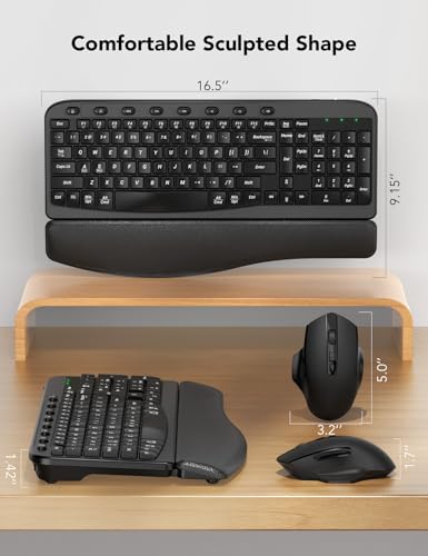 SABLUTE Wireless Keyboard and Mouse Combo with Ergonomic Wave Key | Leather Soft Palm Rest, 2.4G Full Size, 6-Button Mouse, 4-Level DPI, USB-A/C, MA12 Silent Set for PC, Laptop, Windows, macOS - color: Modern Black