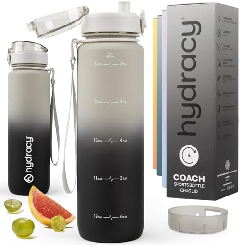 Hydracy Water Bottle with Time Marker -Large 32oz BPA Free Gradient Water Bottle - Leak Proof Gym Bottle with Fruit Infuser Strainer & Times to Drink -Ideal for Fitness Sports & Outdoors - color: Grey Black