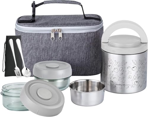Lille Home Portable Insulated Lunch Box Set with Stainless Steel Cutlery, vacuum lunch box, to Keep Food Warm or Cool, Two Containers for Fruits and Sauces, Durable and Leak-Proof(GREY) - color: Gray