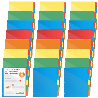 Jyusmile 24 Set Binder Dividers 5-Tabs with Pockets, Index Dividers for 3 Ring Binder, Multicolor Plastic Dividers with 3 Punch Holes, 120 Pcs Dividers for School & Office Supplies