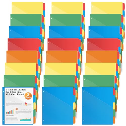 Jyusmile 24 Set Binder Dividers 5-Tabs with Pockets, Index Dividers for 3 Ring Binder, Multicolor Plastic Dividers with 3 Punch Holes, 120 Pcs Dividers for School & Office Supplies