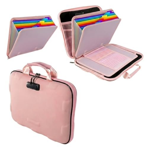 Fireproof Document Box, Hard Case Fireproof File Organizer Box with Lock and 13 Pocket Accordion File Folder, Portable Safe Box for Office Storage Important Documents (With Out Shoulder Strap, Pink) - color: Pink
