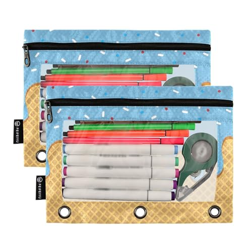 ALAZA Blue Ice Cream Pencil Pouch for 3 Ring Binder 2 Pack Zipper Binder Pencil Bag Case with Clear Window Office Supplies - color: multi2