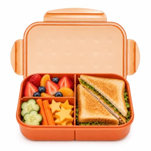 MISS BIG® Bento Lunch Box for Kids, 1150ml, 3 Compartments, Coral Orange | Coral orange 1150ml kids bento box for school lunch, daycare meals, snacks, picnic, and travel. - color: Coral Orange, size: 1150ml