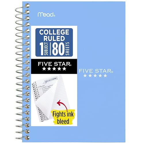 Five Star Spiral Notebook, 1 Subject, College Ruled Paper, 4-3/8" x 7", Personal Size, 80 Sheets, Blue (Color May Vary) (450048CG1) - color: Blue