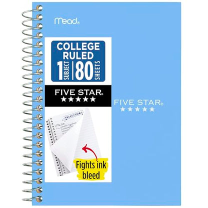 Five Star Spiral Notebook, 1 Subject, College Ruled Paper, 4-3/8" x 7", Personal Size, 80 Sheets, Blue (Color May Vary) (450048CG1) - color: Blue
