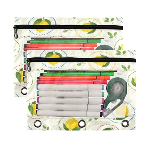 Blueangle Lemon Dots and Leaves Pencil Pouch for 3 Ring Binder, 2 Pack Clear Window Zipper Pencil Bags for Office