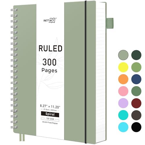 RETTACY Spiral College Ruled Notebook, 300 Pages, A4 Large Size (8.2" x 11.2"), for School, Work, Writing, Journaling, 100 GSM Thick Paper, Flexible Plastic Cover (Light Green) - color: Light Green, size: 8.2" x 11.2"