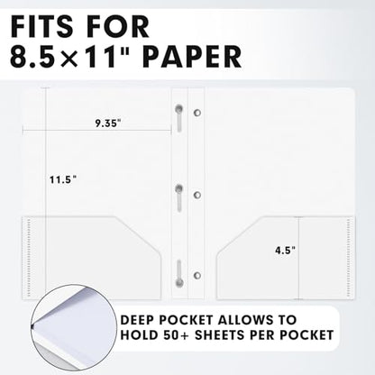 Plastic 2 Pocket Folders with Prongs, 30 Pack, Heavyweight, Letter Size Poly Folders with 3 Metal Prongs Fastener Clips (White) - color: White