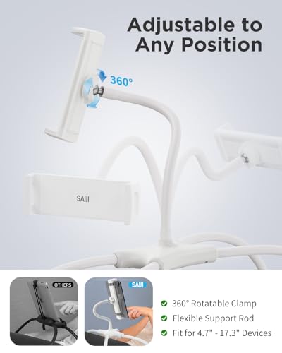 SAIJI Tablet Holder for Bed - iPad Phone Stand for Lap (White) | Fit Devices from 4.7" to 15.6", 360-Degree Rotating Clip, Hands-Free Reclined Reading, Neck & Posture Relief - color: White