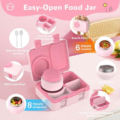 Bento Box for Kids, Leakproof Kids Bento Lunch Box Container with 8oz Insulated Thermo Food Jar, Sauce Jar, Utensil, DIY Stickers for School Boys Girls, 3-4 Compartments, BPA-Free - color: Pink