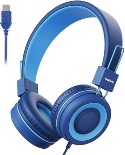 USB C Kids Headphones for School, Upgrade USB Type C Kid Headphone, 94 dB Volume Limiter Wired On-Ear Headset for Kids/Toddlers/Children/Teens/Boys/Girls-Navy Blue - color: Navy Blue