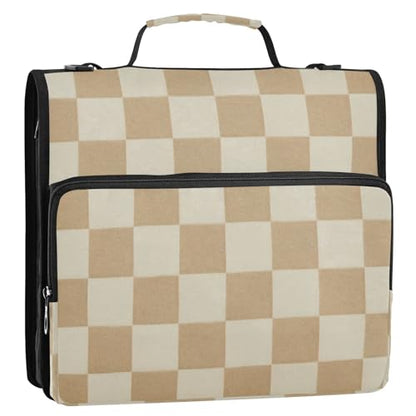 Checkered Beige 3 Ring Zipper Binder 500 Sheet Capacity Binder Organizer Multi-Pocket Expanding File Folder with Shoulder Strap & Handle