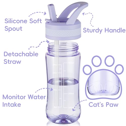 14oz Clear Kids Water Bottle with Straw Lid, BPA-Free Tritan, Measurement Scale, Sturdy Handle Wide Mouth Leak-proof Reusable Plastic Bottle for Boy& Girls, Back to School(Light Purple) - color: Light purple