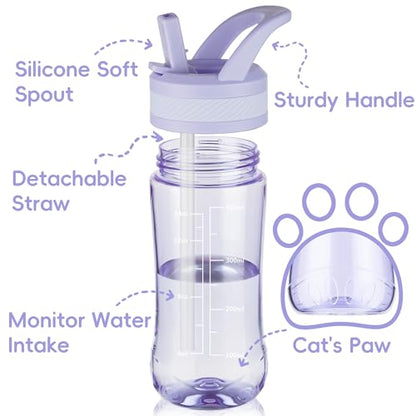 14oz Clear Kids Water Bottle with Straw Lid, BPA-Free Tritan, Measurement Scale, Sturdy Handle Wide Mouth Leak-proof Reusable Plastic Bottle for Boy& Girls, Back to School(Light Purple) - color: Light purple