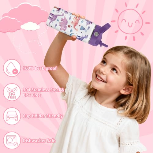 Hiboss Dinosaur Water Bottle for Kids, 16oz Kids Water Bottle Stainless Steel Insulated with Straw Lid, Purple Dino Travel Cup Tumbler Gift for Teens Girls Boys On School Sport - color: Dinosaur - 02