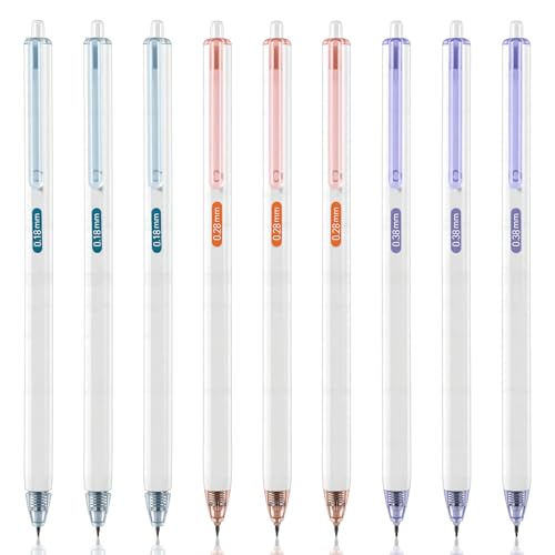 9PCS Extra Fine Point Pens 0.18mm 0.28mm 0.38mm Gel Pen Set Smooth Writing Black Ink, Quick-Dry Long Lasting Retractable Ballpoint School & Office Supplies for Drawing Writing Planner, 3 Colors