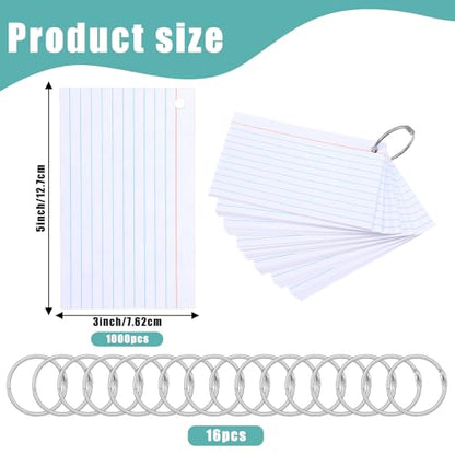1000 Count Index Cards with Ring, 3x5 Inch Ruled Flash Cards, White Index Card with 16 Metal Rings, Heavyweight Study Note Card for Office Exam Organization