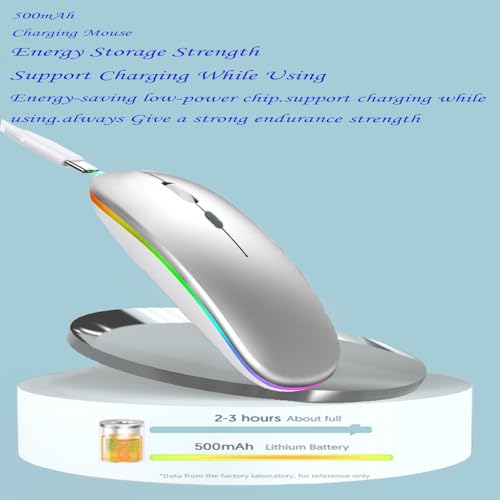LED Wireless Mouse, Slim Silent Dual-Mode 2.4G+BT Rechargable 7-Color Portable Mobile Optical Office Mouse with USB Receiver, 3 Adjustable DPI Levels for Notebook, PC, Computer, MacBook (Silver) - color: silver