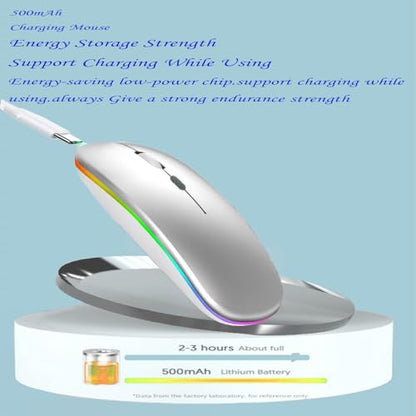 LED Wireless Mouse, Slim Silent Dual-Mode 2.4G+BT Rechargable 7-Color Portable Mobile Optical Office Mouse with USB Receiver, 3 Adjustable DPI Levels for Notebook, PC, Computer, MacBook (Silver) - color: silver