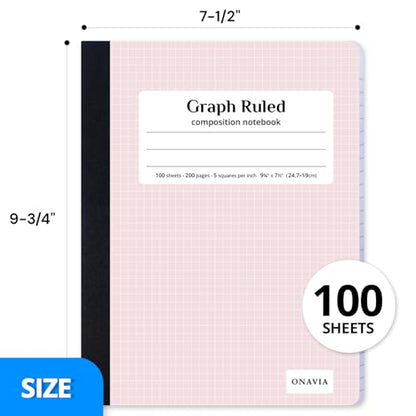 ONAVIA Pink Graph Composition Notebook, 5x5 Grid, 200 Pages | 100 ct, 9.75 x 7.5 in, Grid Paper Notebook, Squared Notebook, Graph Notebook, Math, Science, Engineering - size: 4 Pack