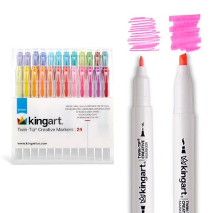 KINGART Studio Twin-Tip Highlighters (24 Unique Soft Pastel Colors). Double-Ended: Broad Chisel & Fine Tips. Quick-Dry, No-Bleed Water-Resistant Ink for Journaling/Art.