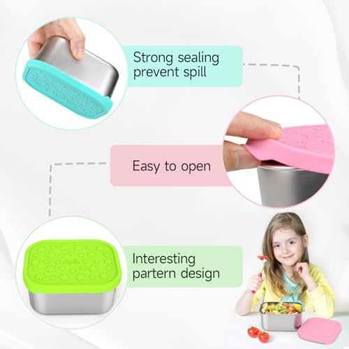 SOPHICO Stainless Steel 14 OZ Snack Containers for Kids，Food Storage Container with Silicone Lid - Perfect 304 Metal Toddler Lunch Box for Daycare and School, Leak Proof (MIX, 4 PACK) - color: 14oz, 4 Pack