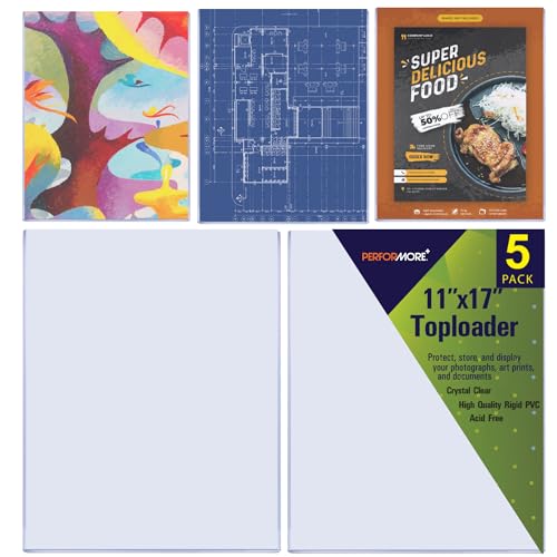 Performore 11" x 17" Heavy Duty Rigid Print Crystal-Clear Toploader Frame - Hold, Protect, Store, Display Photographs, Posters, Prints and Documents (5 Pack) - style: 5-Pack