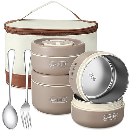 Dandat 4 Pcs Insulated Lunch Container, Portable Bento Box, Stainless Steel Lunch Box, Round Stackable Leakproof Thermal Food Container for Adult Men Women with Insulated Bag, 74 oz(Khaki) - color: Khaki