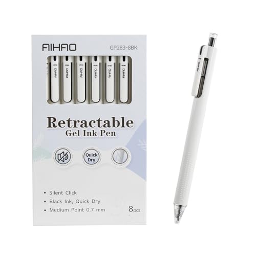 AIHAO Retractable Gel Ink Pens, 8 Pack Black Ink 0.7mm Medium Point, Silent Click, Quick-Dry Smooth Writing Pens with Comfortable Grip for School, Office & Journaling - color: Black